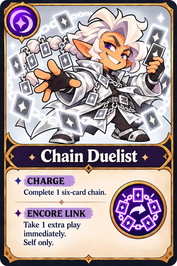 Chain Duelist: charges by completing one six-card chain; Encore Link gives you 1 extra play straight away.