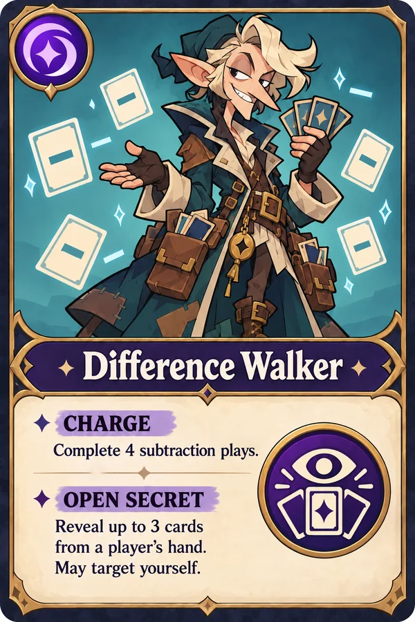 Difference Walker: charges with 4 subtraction plays; Open Secret reveals up to 3 cards from a player's hand.