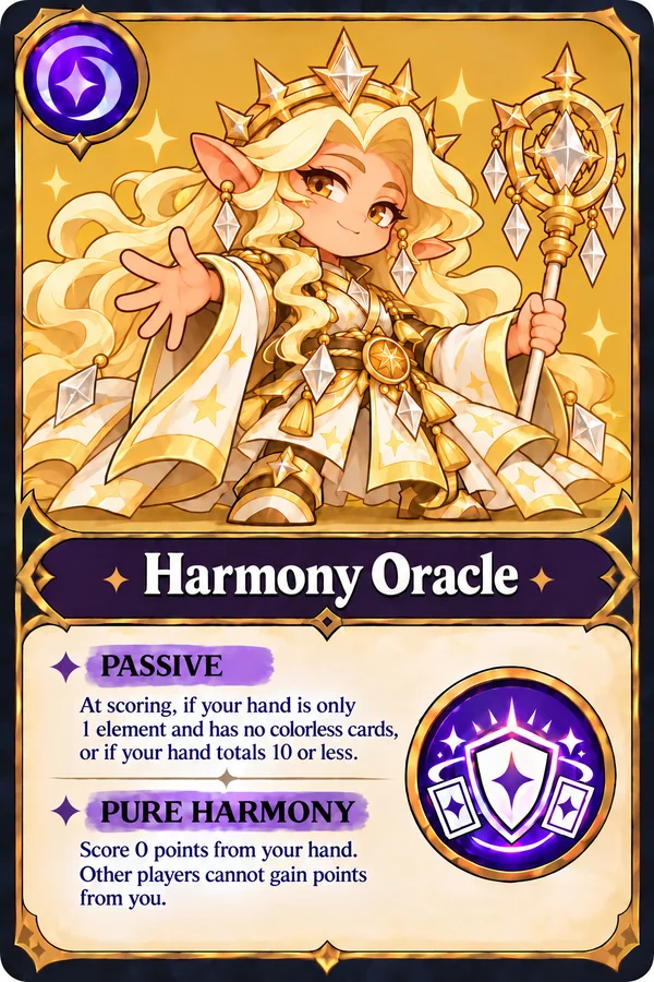 Harmony Oracle: a passive skill at scoring. If your hand is a single element with no colourless cards, or totals 10 or less, Pure Harmony scores it as 0 and no one gains points from you.