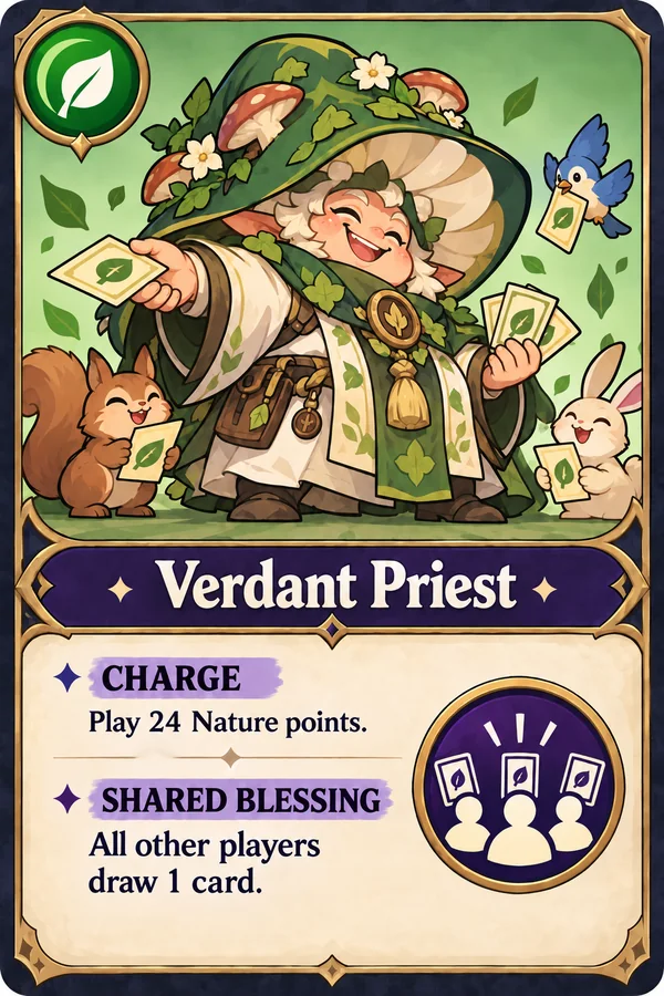 Verdant Priest: charges on 24 Nature points; Shared Blessing makes every other player draw 1 card.